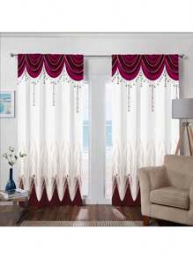 2pcs Elegant Red & White Art Deco Curtains - Durable 100% Polyester Fabric With Decorative Border, Light-Filtering For Living Room, Bedroom, Kitchen, Bathroom Decor (Rod Not Included), Kitchen Window Treatment | Decorative Curtains | Easyinstall Curtains, Curtains For Living Room