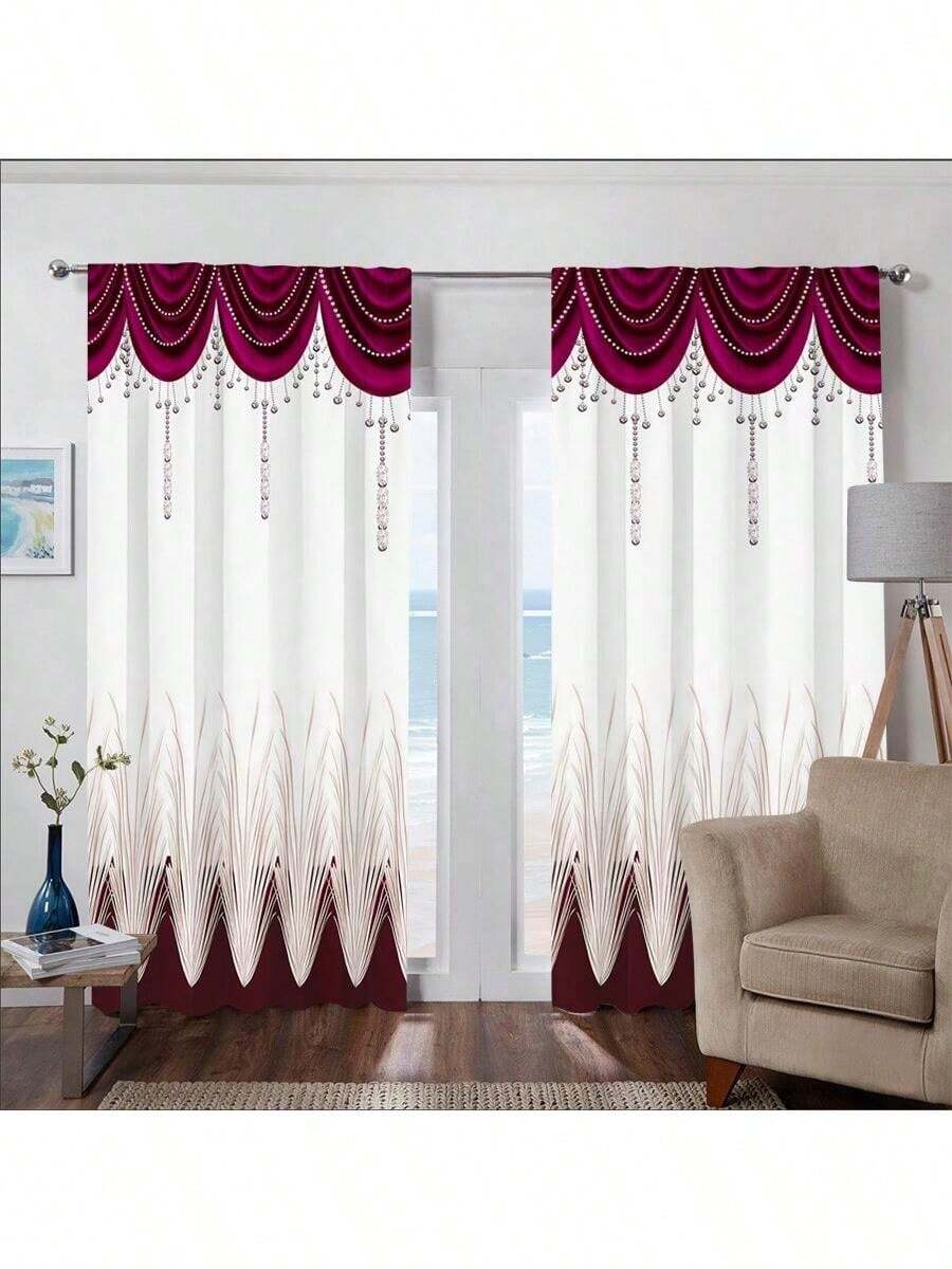 2pcs Elegant Red & White Art Deco Curtains - Durable 100% Polyester Fabric With Decorative Border, Light-Filtering For Living Room, Bedroom, Kitchen, Bathroom Decor (Rod Not Included), Kitchen Window Treatment | Decorative Curtains | Easyinstall Curtains, Curtains For Living Room