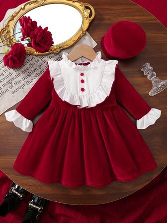2 Stücke/Set Elegantes Prinzessinnen-Stil Baby Mädchen Kleid mit weißem Spitzenkragen und Langarm und Mütze, Frühling/Herbst