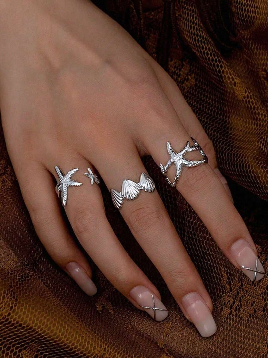 3pcs/Set Summer Beach Starfish Design Gold Tone Rings Set (For Women) - Silver - View 1