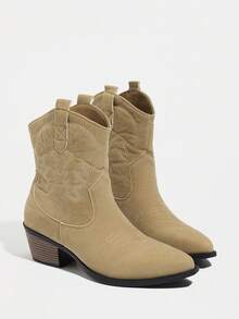 Botines de mujer de punta fina con slip-on, forro de algodón, tela de ante, bordado occidental, tacón grueso, tacón medio, color albaricoque, botines de estilo americano, adecuados para otoño/invierno - Albaricoque - Ver 4