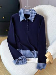 Polo Collar Long Sleeve T-Shirt With Design, Slim-Fit Layering Top - Blue - View 3