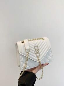 Seam Chain SS Jewelry Square Shoulder Bag Oblique Shoulder Bag - White - View 8
