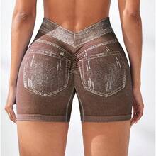 Women's V Back Workout Shorts, Denim Print High Waisted Shorts Stretchy Scrunch Slim Fit Yoga Biker Jegging Butt Lifting Sports Fitness Yoga Pants - 咖啡棕 - 查看 5