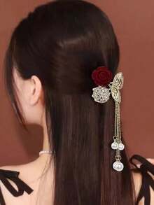 Presilha de cabelo feminina pequena com detalhe de flor metálica e strass, ideal para uso diário. Presilha elegante para cabelo, grampo de cabelo, acessório de cabelo para outono e inverno, perfeita para looks de férias e verão. - Branco - Ver 6