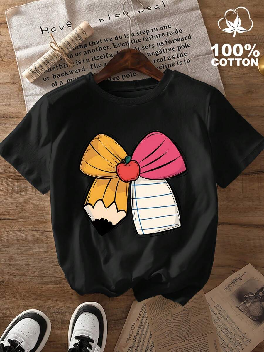 Camiseta Casual de Manga Corta para Mujer - Estampado Temático del Día del Maestro con Diseño de Lápiz y Corazón, Cuello Redondo Ajuste Regular Lavable a Máquina, Top de Primavera Verano Otoño, Camiseta Divertida, Regalo de Agradecimiento al Profesor - Negro - Ver 1