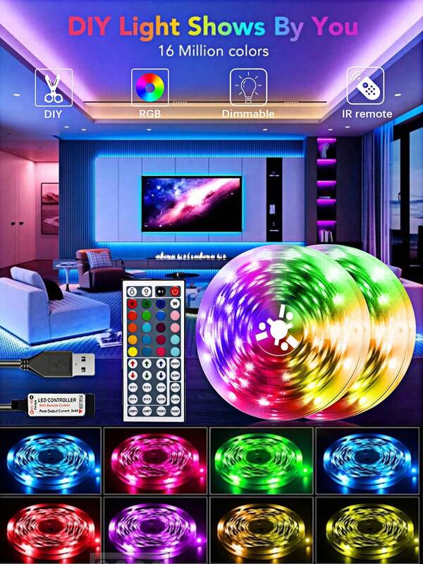 Fita de LED RGB de 1 unidade de 90 cm a 300 cm, adequada para uso doméstico com controle remoto. Iluminação LED ideal para decoração de Natal e Halloween. Ideal para reuniões familiares, decoração de ambientes, ambientes de quarto, destaques de sofá e decoração de móveis para sala de estar.
