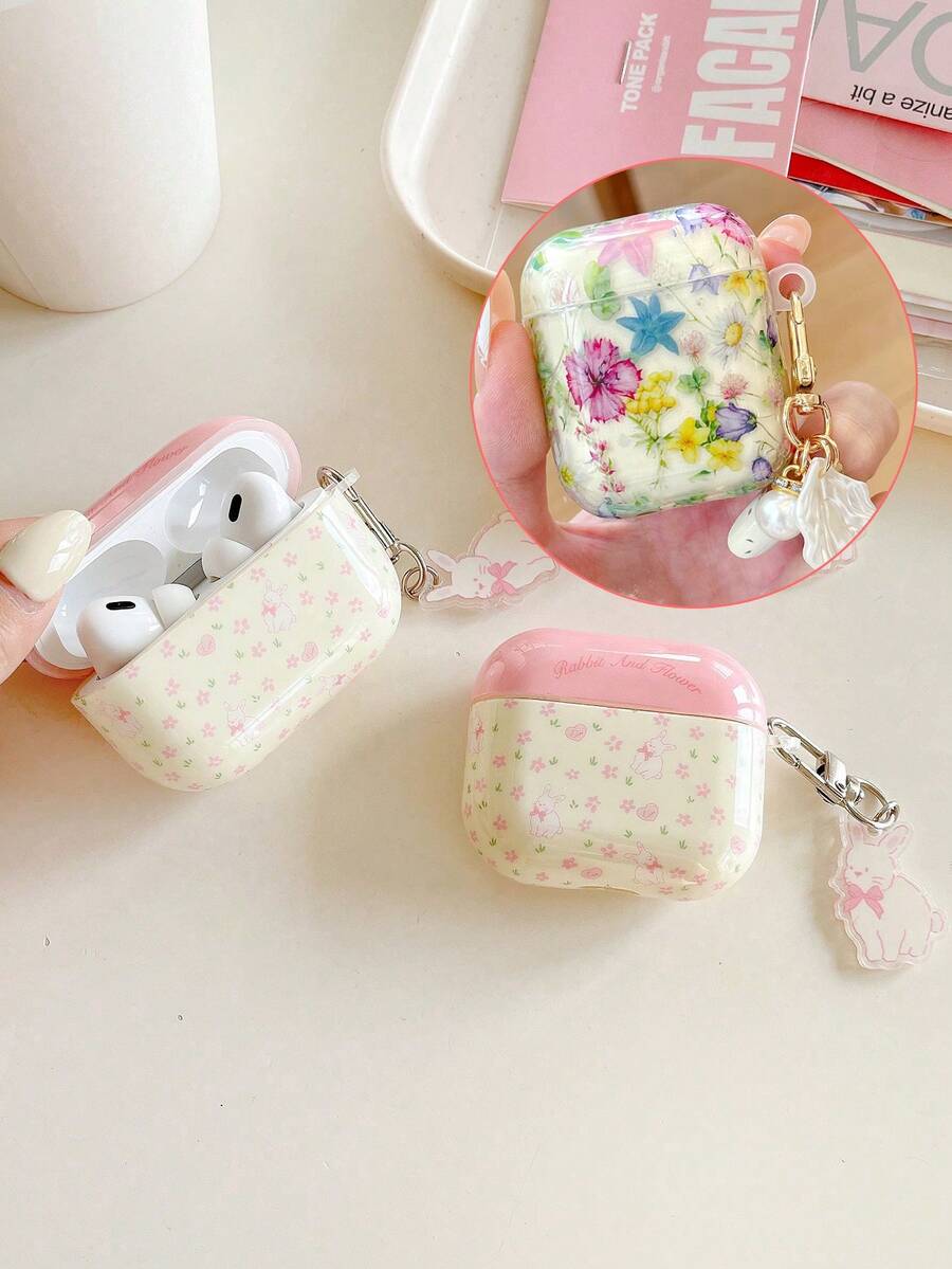 1 件可爱 TPU 印花小猫猫耳朵保护壳带吊坠，适用于 Apple 1/2/3/4、Pro/Pro 2、无线蓝牙耳机保护壳，防尘、防摔、防震保护套 - 彩色花朵 - 查看 1