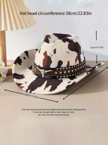 1pc Unisex Polyester Cow Print Cowboy Hat - Leather Rivet And Cow Skull Decor, Suitable For Horseback Riding, Outdoor Travel, Cowboy Party And Daily Wear - Multicolor - View 2