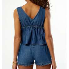 Women's 2 Piece Denim Outfits Deep V Neck Tie Front Sleeveless Tank Tops Elastic Waist Ruffle Hem Shorts Y2k Two Piece Jeans Set Summer Vacation Outfits - 藍色 - 查看 4
