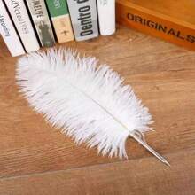 1pc Retro Feather Pen, Soft & Fluffy Wedding Signature Feather Pen, Western Style Wedding Guest Book Signing Pen, Suitable For Office, Wedding, Bride Party Supplies