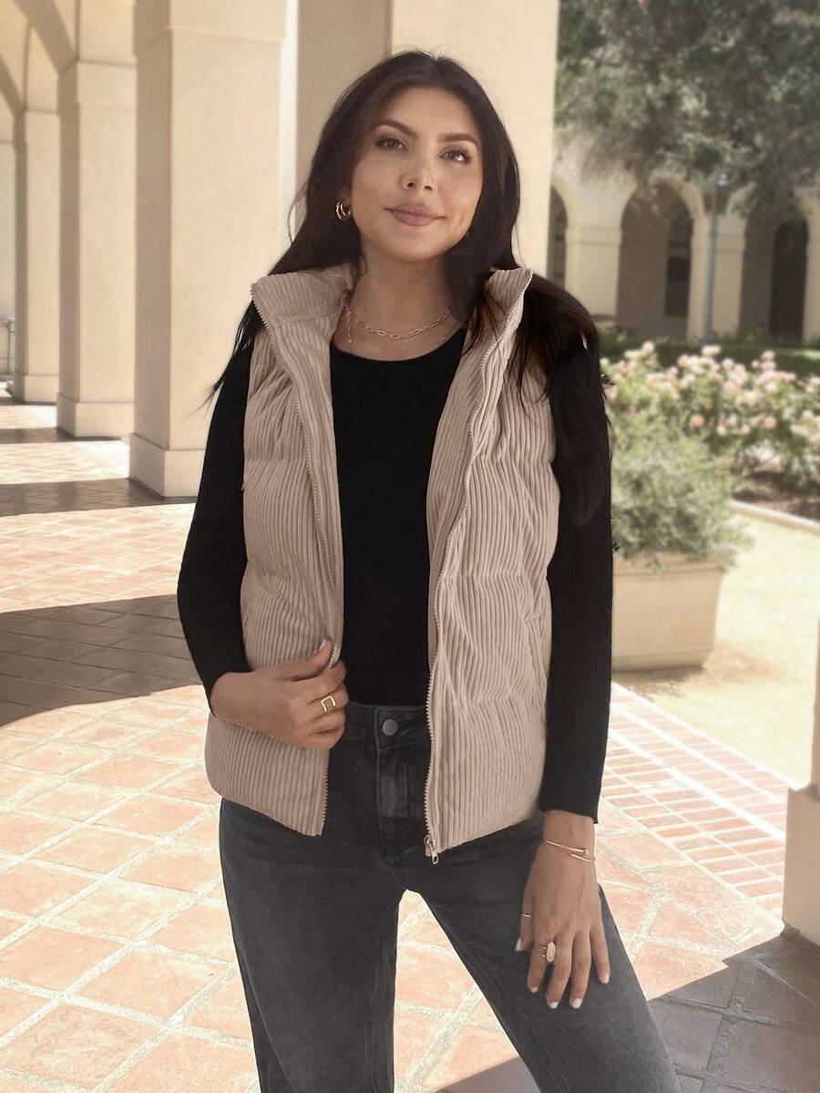 EMERY ROSE 纯色休闲拉链连帽背心加厚冬季外套 - 杏色 - 查看 1