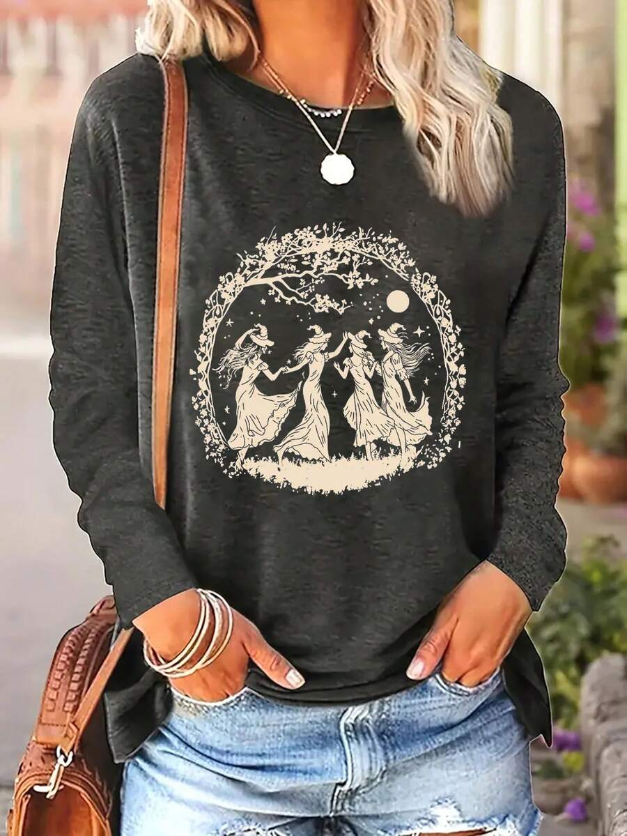 Camiseta de manga larga con cuello redondo y estampado de bruja, adecuada para otoño e invierno, ropa de mujer, camisetas gráficas para mujeres, talla grande