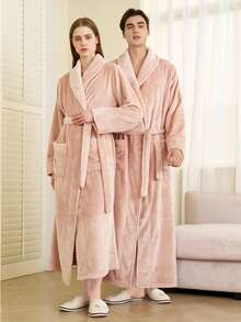 1pc Extra Long Flannel Bathrobe, Adult Flannel Bathrobe, Thermal Lined, Suitable For Hotels, Spas, Beauty Salons, Absorbent & Quick Dry, Loose Fit, Multi-Color, Minimalist Design, Bathroom & Home EssentialsWarm Winter Decora - Multicolor - View 10