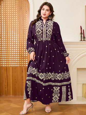 DEARCASE ชุดเดรสแขนยาวคอวี พิมพ์ลายย้อนยุค ขนาดใหญ่