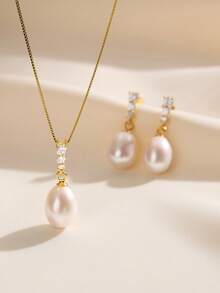 AETOLIA 1 Set 925 Sterling Silver Elegant Natural Pearl Necklace And Earrings Set, Inlaid With Shiny Cubic Zirconia, Fashion Jewelry Suitable For Women To Wear On Dates, Weddings, Engagements, Anniversaries, Valentine's Day And Other Occasions