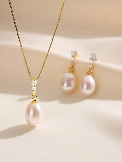 AETOLIA 一套925纯银优雅天然珍珠项链和耳环套装，镶嵌闪亮立方氧化锆，时尚首饰，适合女性在约会、婚礼、订婚、周年纪念日、情人节和其他场合佩戴。