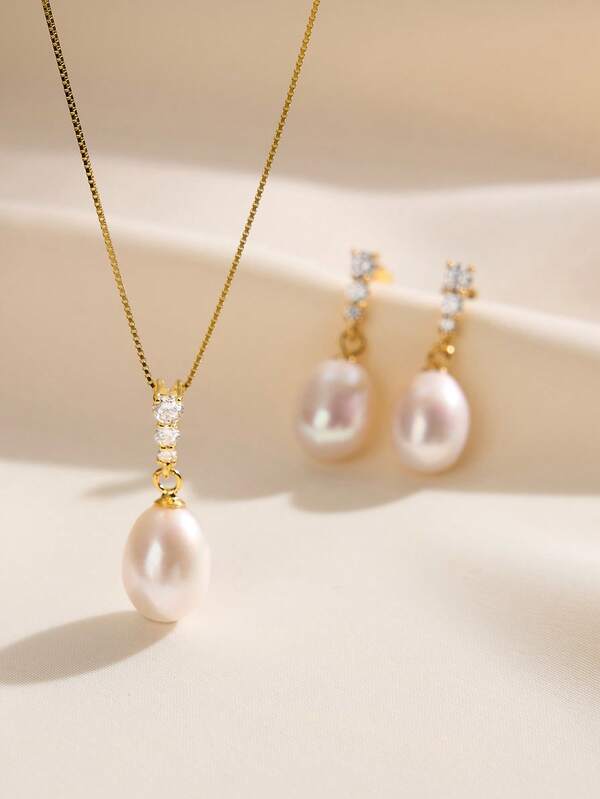 AETOLIA 1 Set di elegante collana e orecchini in argento sterling 925 con perle naturali premium e zirconia cubica scintillante, gioielli di stile adatti per le donne da indossare per appuntamenti, matrimoni, fidanzamenti, anniversari, San Valentino