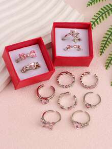 11件/套 精致可爱粉色水钻戒指，男女童生日派对礼物，日常配饰 - 11個粉紅水鑽尾戒指 - 查看 9