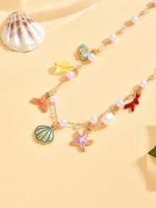 1 chiếc vòng cổ nữ màu vàng hình sao biển và vỏ sò đính ngọc trai giả, vòng cổ choker đính hạt vỏ sò phong cách Bohemian, phụ kiện trang sức nàng tiên cá cho kỳ nghỉ hè ở bãi biển Hawaii, thích hợp cho kỳ nghỉ hè trên bãi biển. - Vàng - Xem 3
