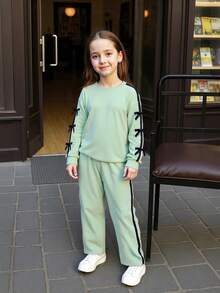 Set de 2 piezas: Sudadera con decoración de lazo y pantalón casual de pierna recta para niñas, adecuado para primavera y otoño - Verde - Ver 1
