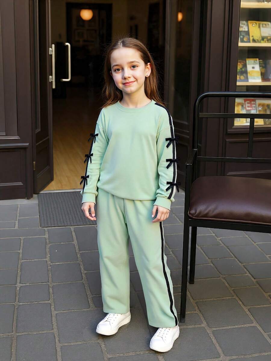 Set de 2 piezas: Sudadera con decoración de lazo y pantalón casual de pierna recta para niñas, adecuado para primavera y otoño - Verde - Ver 1