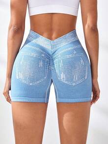 Women's V Back Workout Shorts, Denim Print High Waisted Shorts Stretchy Scrunch Slim Fit Yoga Biker Jegging Butt Lifting Sports Fitness Yoga Pants - 淺藍色 - 查看 1