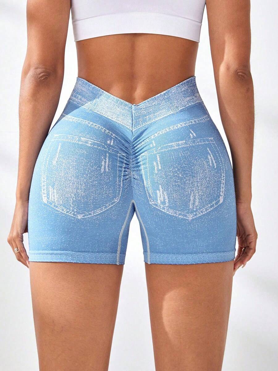 Women's V Back Workout Shorts, Denim Print High Waisted Shorts Stretchy Scrunch Slim Fit Yoga Biker Jegging Butt Lifting Sports Fitness Yoga Pants - 淺藍色 - 查看 1