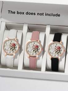 3pcs Fashion Elegant Gift Set: Casual Floral Quartz Watch, Versatile Leather Belt, Suitable For Gifts, Sisters And Couples