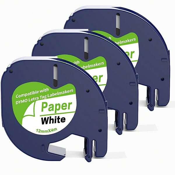 3 عبوات شريط ملصق متوافق مع آلة الترقيم DYMO LetraTag، أسود على أبيض 12مم * 4م ورق، بديل عن 91200 91331 91330 91332 91333، يعمل مع LetraTag XR، LT-100H، LT-100T، QX50