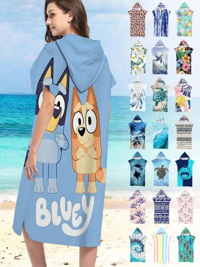 Bluey 1pc Cartoon Bluey Hooded Towel, Minimalist & Cute Bluey Design, Poncho, Robe, Unique Tie-Dye Style, Super Absorbent, Suitable For Surfing, Outdoor Activities, Swimming, Gym, Bathroom, Thick & Warm, Best Gift For Friends, Family, And Loved Ones, Essential For Travel & Bathing