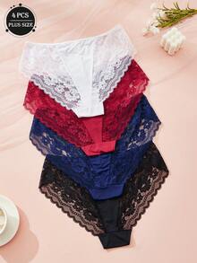 4 sztuki jednokolorowych, seksownych, koronkowych, wyciętych, półprzezroczystych damskich spodni plus size z trójkątną talią, dojrzałego uroku, retro, francuskiej, romantycznej, słodkiej bielizny, swobodnych i wygodnych, lekkich, miękkich, jedwabistych, całorocznych majtek, odpowiednich do domu, podróży, na imprezy, na prezenty