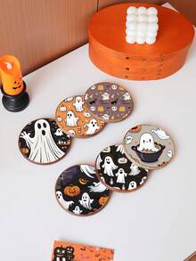 6pcs Wooden Coaster Set With Iron Holder, Creative Colorful Coasters For Halloween, Heat-Resistant Solid Wood Coasters, Anti-Slip Coasters For Cafe, Restaurant, Beverages, Halloween Gifts, Random Wood Grain - A - View 1