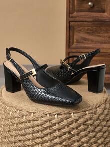 WHDXY 1 Pair Women's Square Toe Basic Solid Backless Buckle High Heel Pumps, Sexy 7CM Chunky Heels, Suitable For Work, Flight Attendant, Formal Dress - Black - View 4