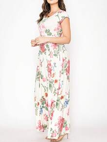 Tiered Tropical Short Sleeve Leaves Floral  Maxi Long Woven Dress - ngà voi - Xem 5