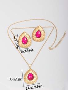 3pcs Teardrop Fuchsia Stainless Steel Minimalist Luxurious High-End Earrings & Necklace Jewelry Set, Suitable For Daily, Party, Holiday Gifts