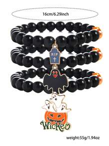 3 peças/Conjunto Pulseira Gótica de Halloween, Conjunto de Pulseira com Pingente de Vidro, Acrílico, Zircônia Cúbica em Formato de Abóbora, Fantasma, Lápide, Cruz, Gato Preto, Teia de Aranha, Milho de Doce, Adequado para Homens e Mulheres, Uso Diário, Festa de Halloween, Presente de Festival