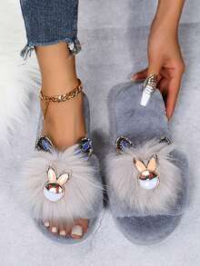 Cute Rhinestone Rabbit Plush One-Toe Open Slippers For Women, Soft Comfortable Warm Non-Slip Indoor Home Slippers, Autumn/Winter New - Grey - View 1