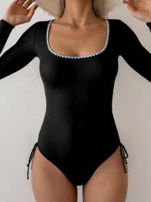 Women Long Sleeve One Piece Rashguard Swimsuit, Slim Fit Beach Vacation Pool Swimming Wear