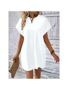Vestido de Malha Manga De Asa De Morcego com Bolso Vestido Camiseta branco réveillon - Branco - Visão 3