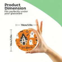 1 set/500 sets de 4 piezas/set de posavasos de Halloween con diseños de fantasma, sombrero de bruja, esqueleto, telaraña, zombi, murciélago, rama desnuda y lápida, hechos de poliéster y goma, adecuados para bares, oficinas, hogares y todo tipo de ocasiones, tamaño: 10 x 10 cm.