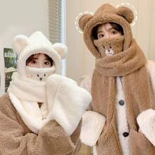 Conjunto de 4 en 1 de guantes, bufanda, gorro y máscara de oso para invierno, esencial para salidas en clima frío, bufanda con capucha con orejas de oso adorable para mujeres