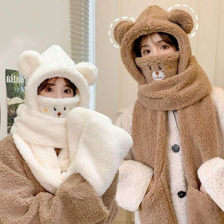Conjunto de 4 en 1 de guantes, bufanda, gorro y máscara de oso para invierno, esencial para salidas en clima frío, bufanda con capucha con orejas de oso adorable para mujeres