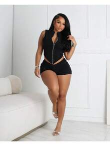 2 Piece Short Sets For Women Sexy Solid Stretchy Vest And Shorts Sexy 2 Piece Outfits For Women Going Out 2025 - 黑色 - 查看 1