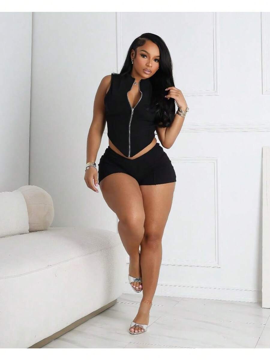 2 Piece Short Sets For Women Sexy Solid Stretchy Vest And Shorts Sexy 2 Piece Outfits For Women Going Out 2025 - 黑色 - 查看 1