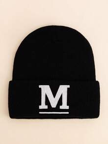 1pc Kids Black Uppercase Letter Embroidered Beanie, Minimalist Solid Color Soft Warm Fashion Accessory Knit Hat, Suitable For Boys & Girls In Autumn & Winter