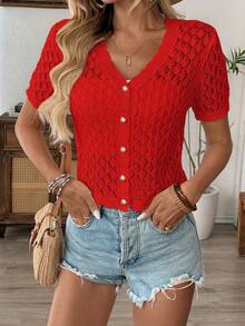 Women's Casual V-Neck Short Sleeve Knit Top, Loose Hollow-Out Design, Spring/Summer Beach Vacation Outfit, Minimalist Retro Style, Random Pattern, Suitable For Back To School Season And Autumn - Red - View 7