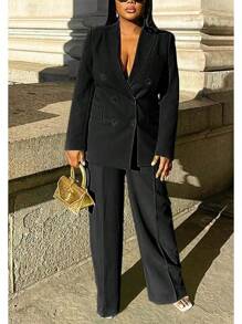 Women's Fashion Pants Suit Piece Business Outfits Casual Double Breasted And Pant Sets - 0黑色 - 查看 3