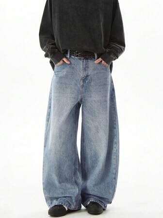 Teenage Boys' Light Blue Wide Leg Jeans, Versatile For School And Commute