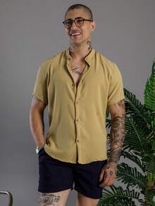 Men's Short Sleeve Shirt With Priest Collar Premium Quality Light And Fresh Fabric Easy To Iron - 芥末黃 - 查看 4